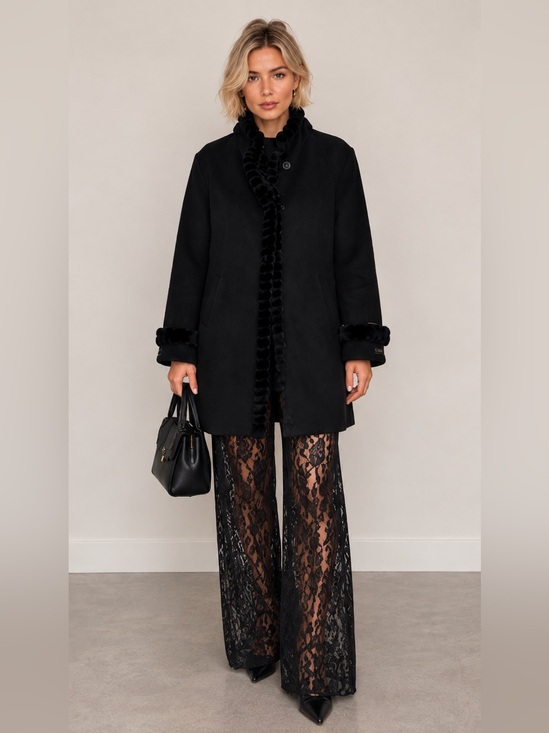 Jones New York Jackets & Blazers - Jones New York Black Angora Wool Fur Trim Coat 12 Mob Wife Vintage Old Money